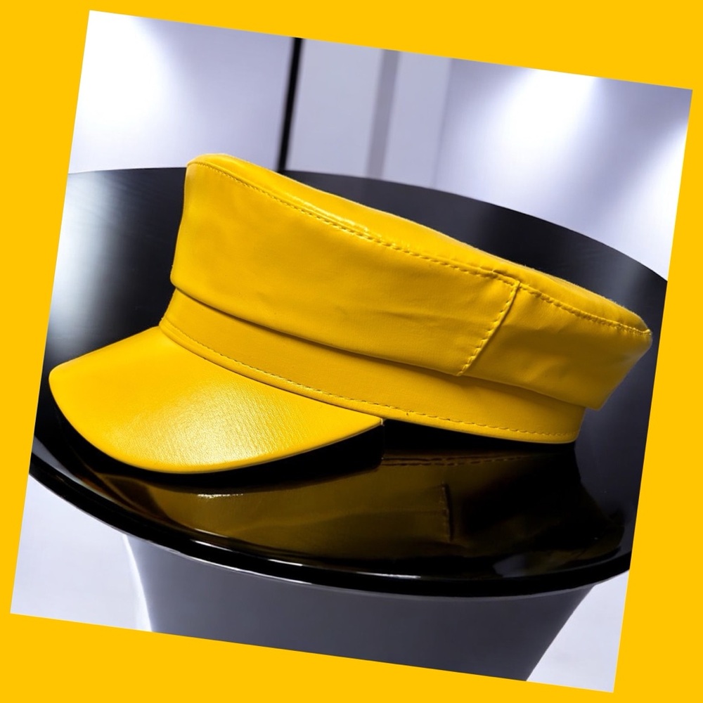Yellow Unisex British Retro Military Cap /Vegan Leather Inside Adjustable String